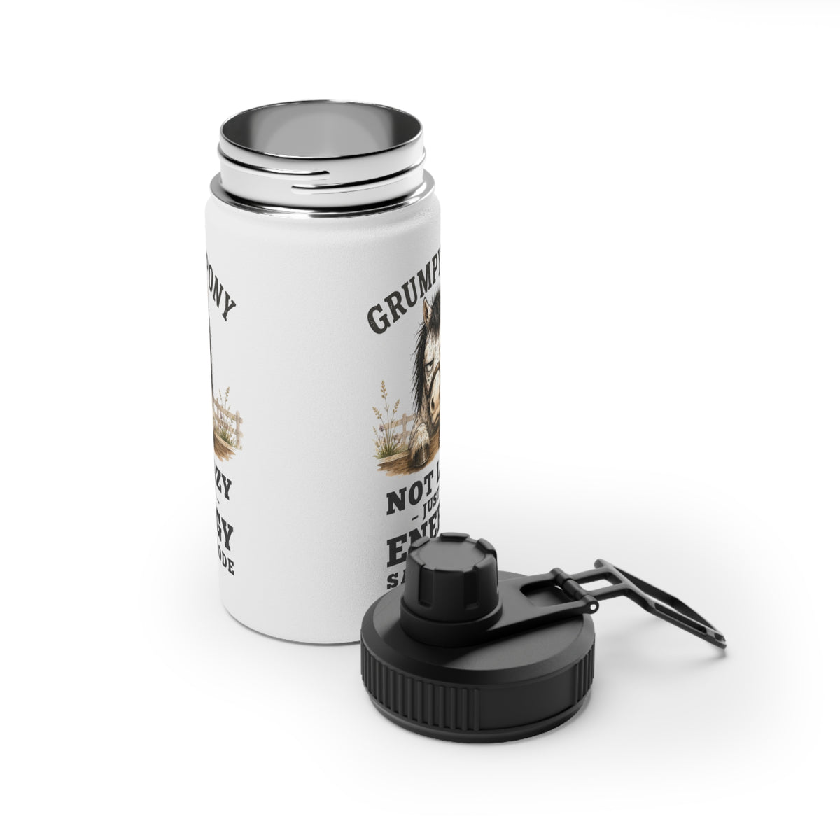 Grumpy Pony Stainless Steel Water Bottle with Sports Lid — Not Lazy - in Energy Saving Mode