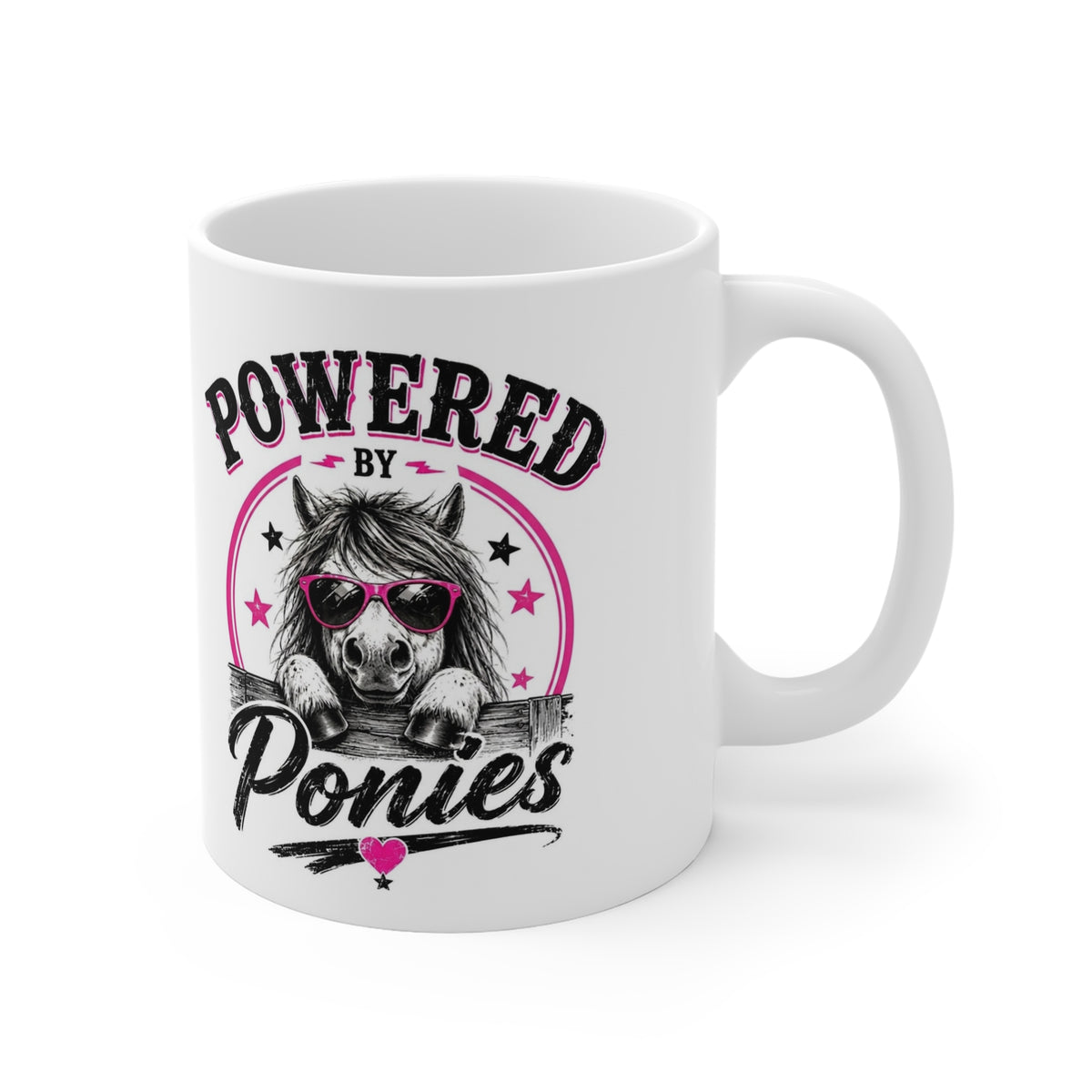 Powered by Ponies Mug — Cute Pony Coffee Cup with Sunglasses, Gift for Horse Lovers