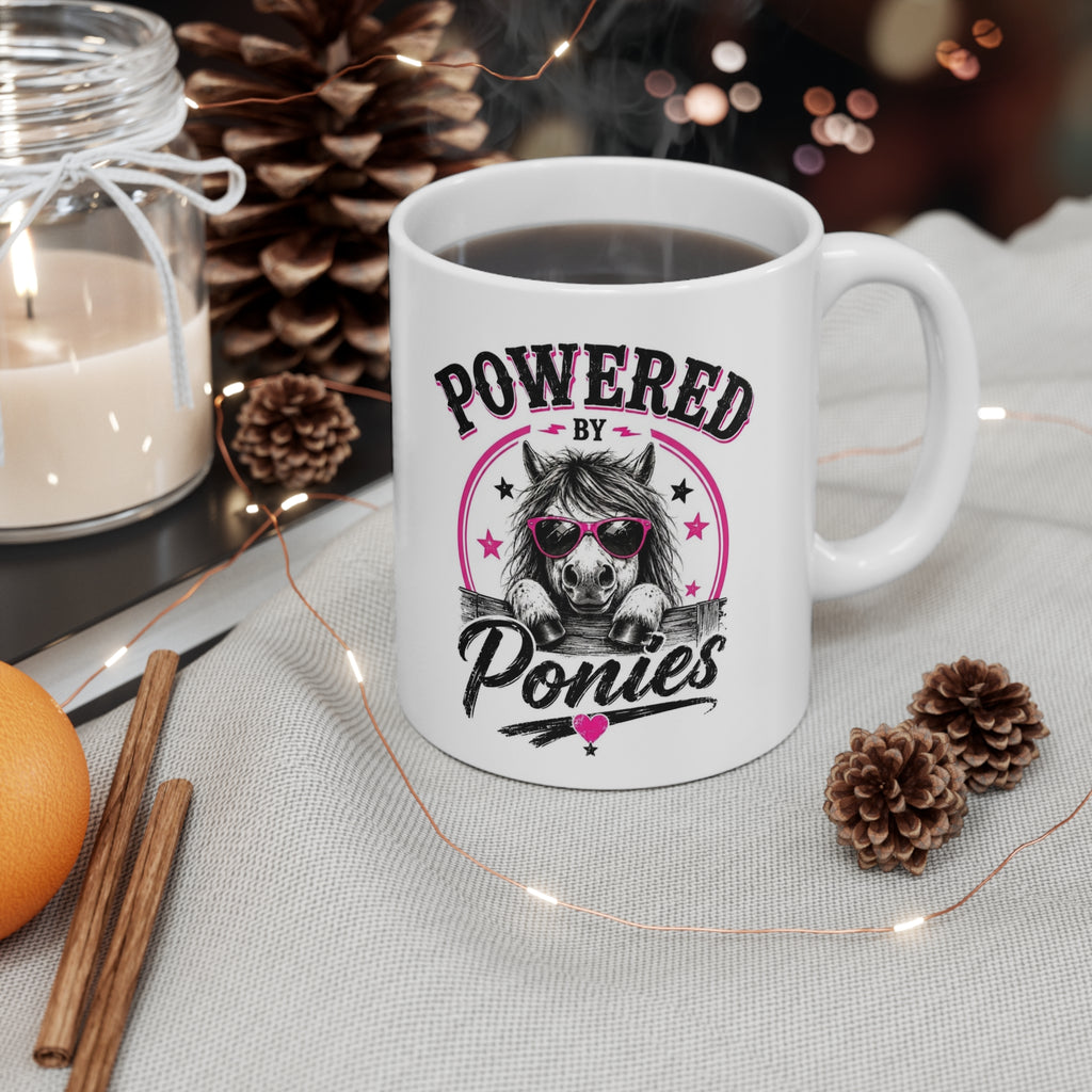 Powered by Ponies Mug — Cute Pony Coffee Cup with Sunglasses, Gift for Horse Lovers