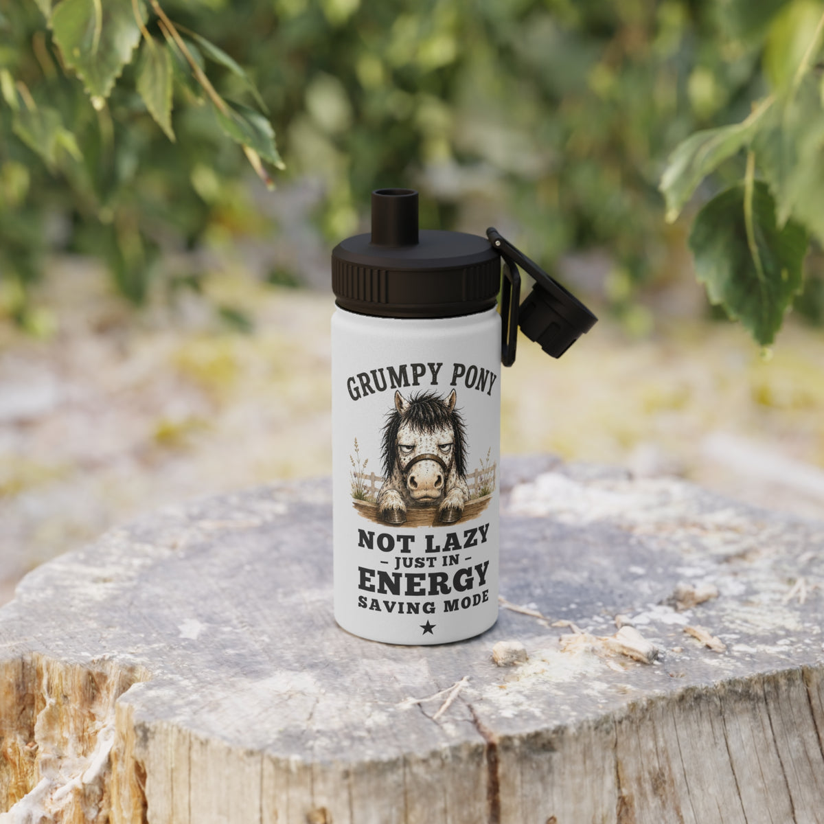 Grumpy Pony Stainless Steel Water Bottle with Sports Lid — Not Lazy - in Energy Saving Mode