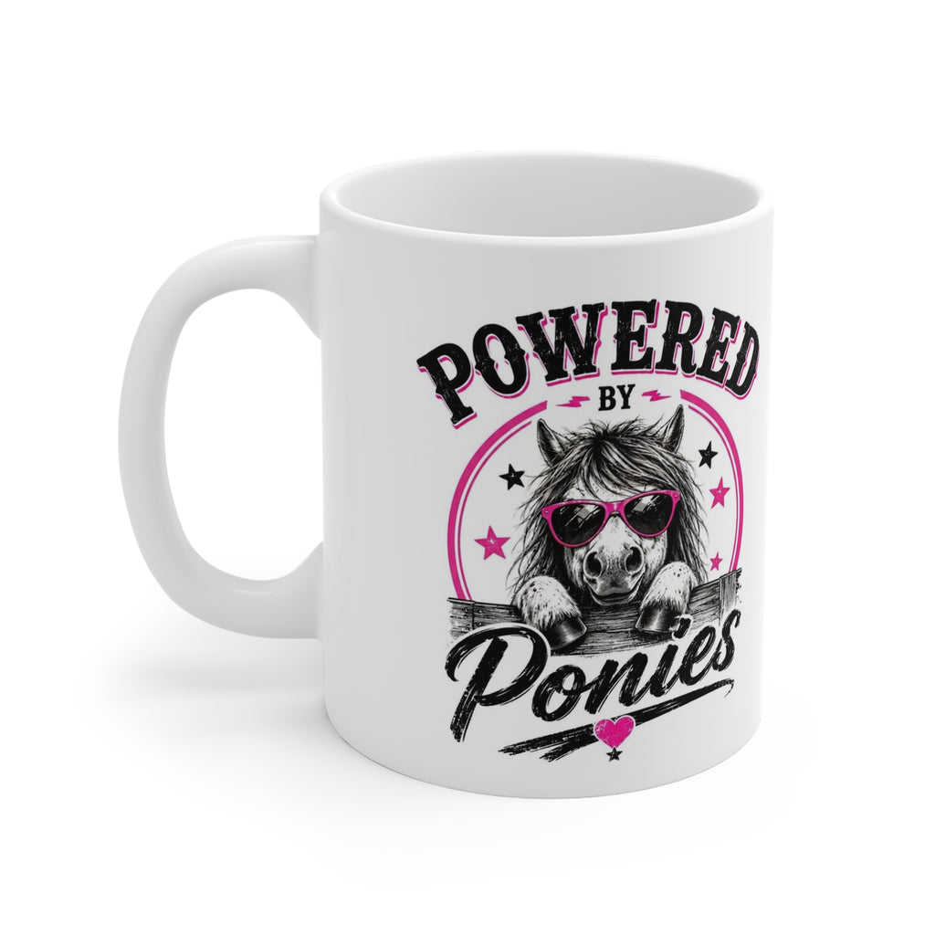 Powered by Ponies Mug — Cute Pony Coffee Cup with Sunglasses, Gift for Horse Lovers