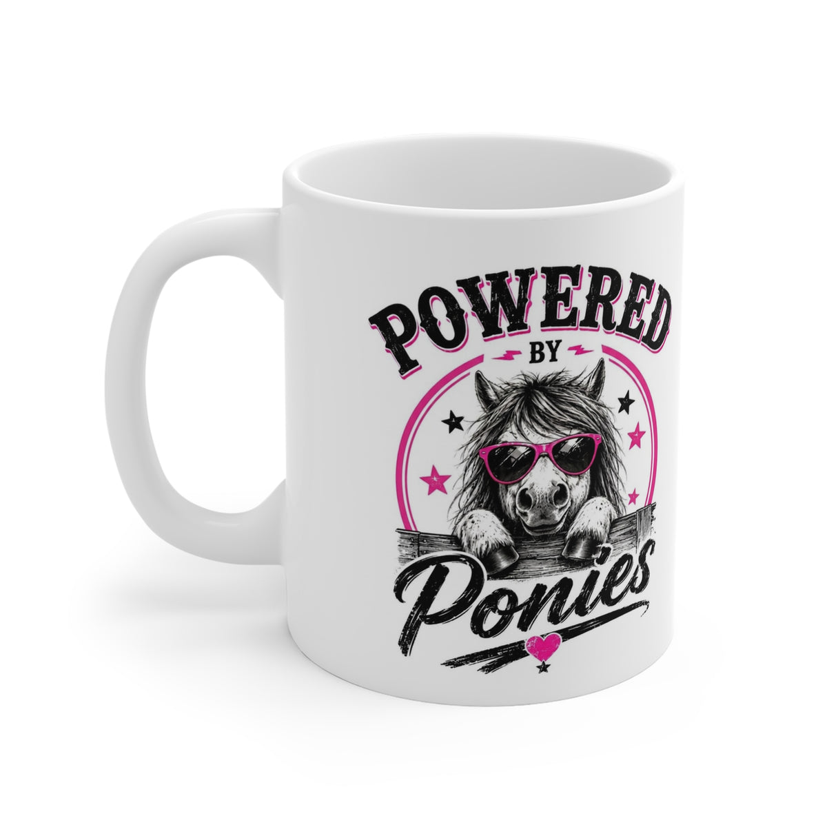 Powered by Ponies Mug — Cute Pony Coffee Cup with Sunglasses, Gift for Horse Lovers