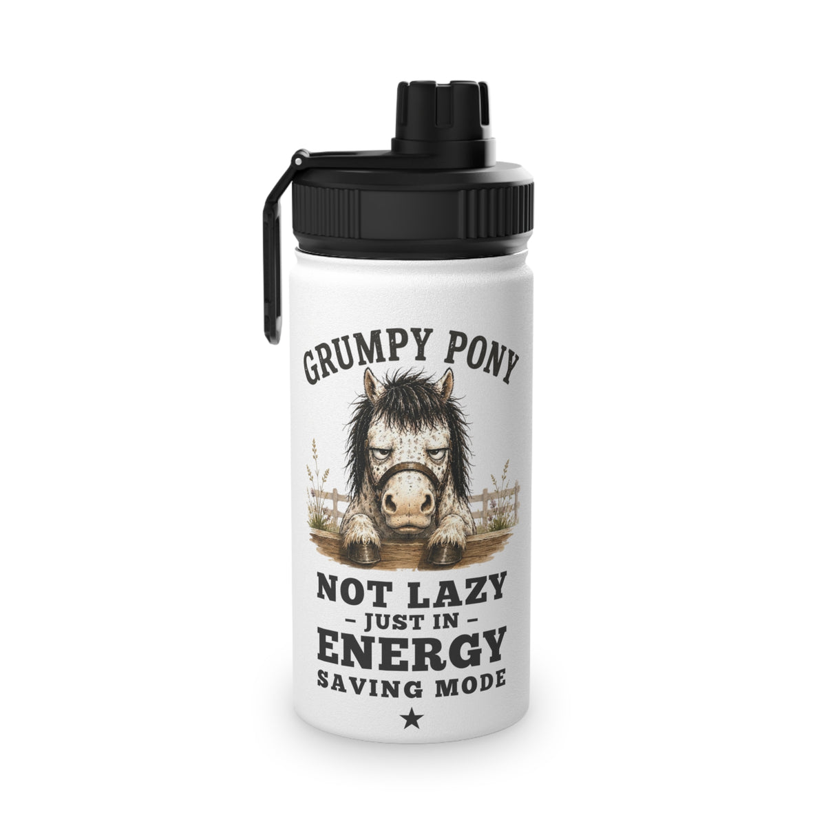 Grumpy Pony Stainless Steel Water Bottle with Sports Lid — Not Lazy - in Energy Saving Mode