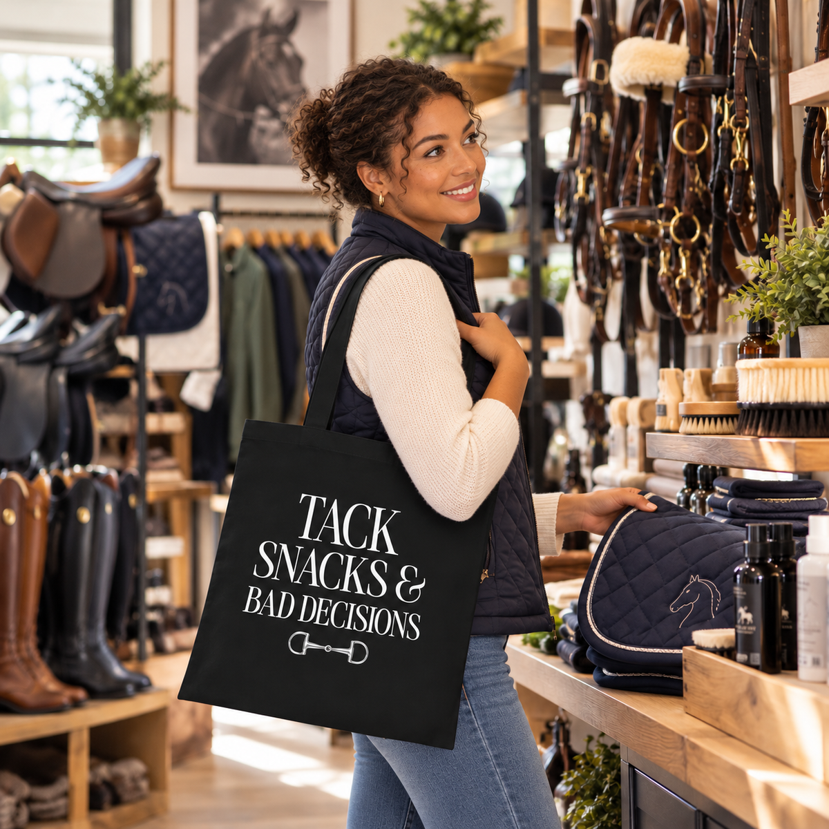 Tack, Snacks & Bad Decisions Cotton Tote | Horse Lover Gift