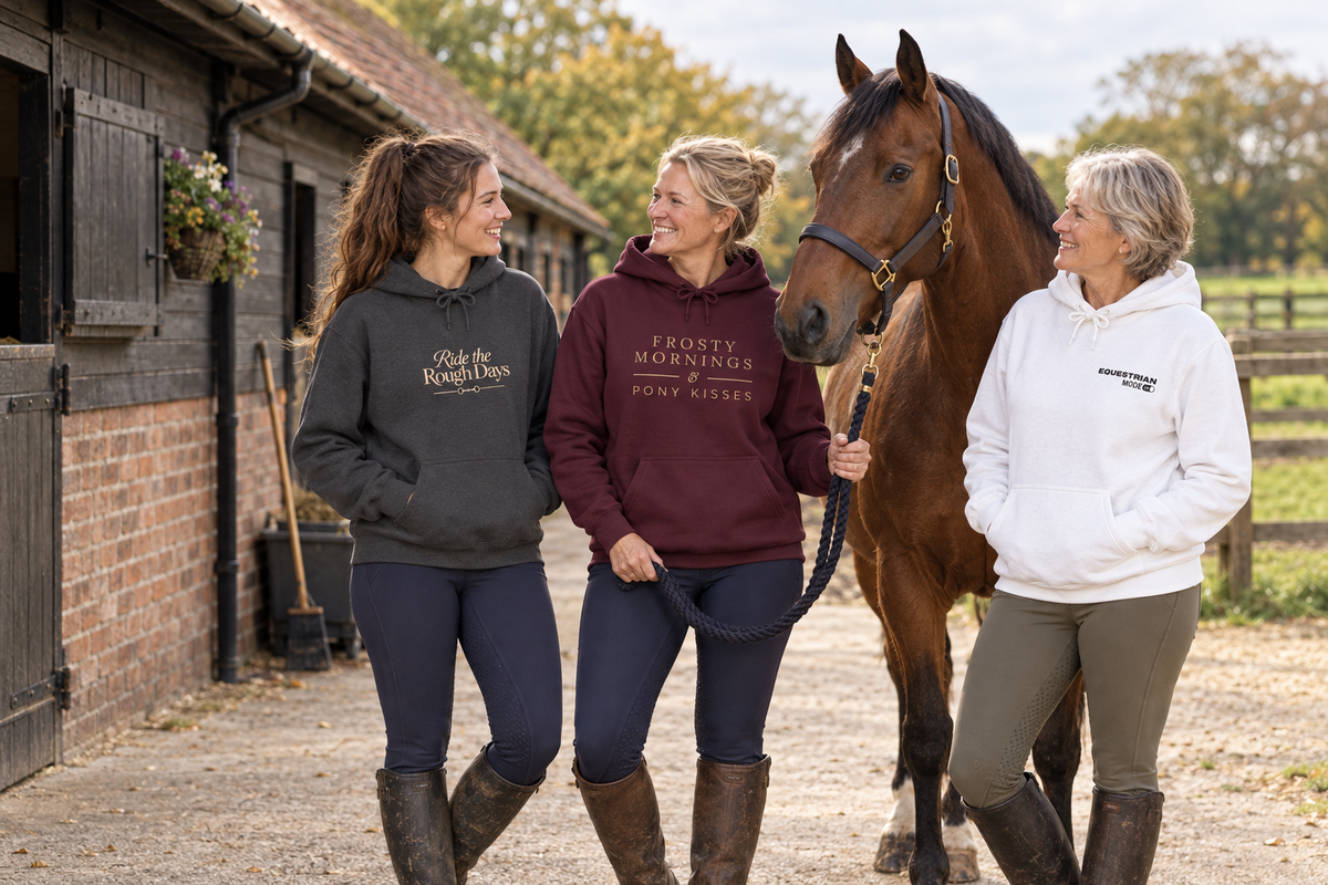 Realistic equestrian yard banner with three hoodie designs