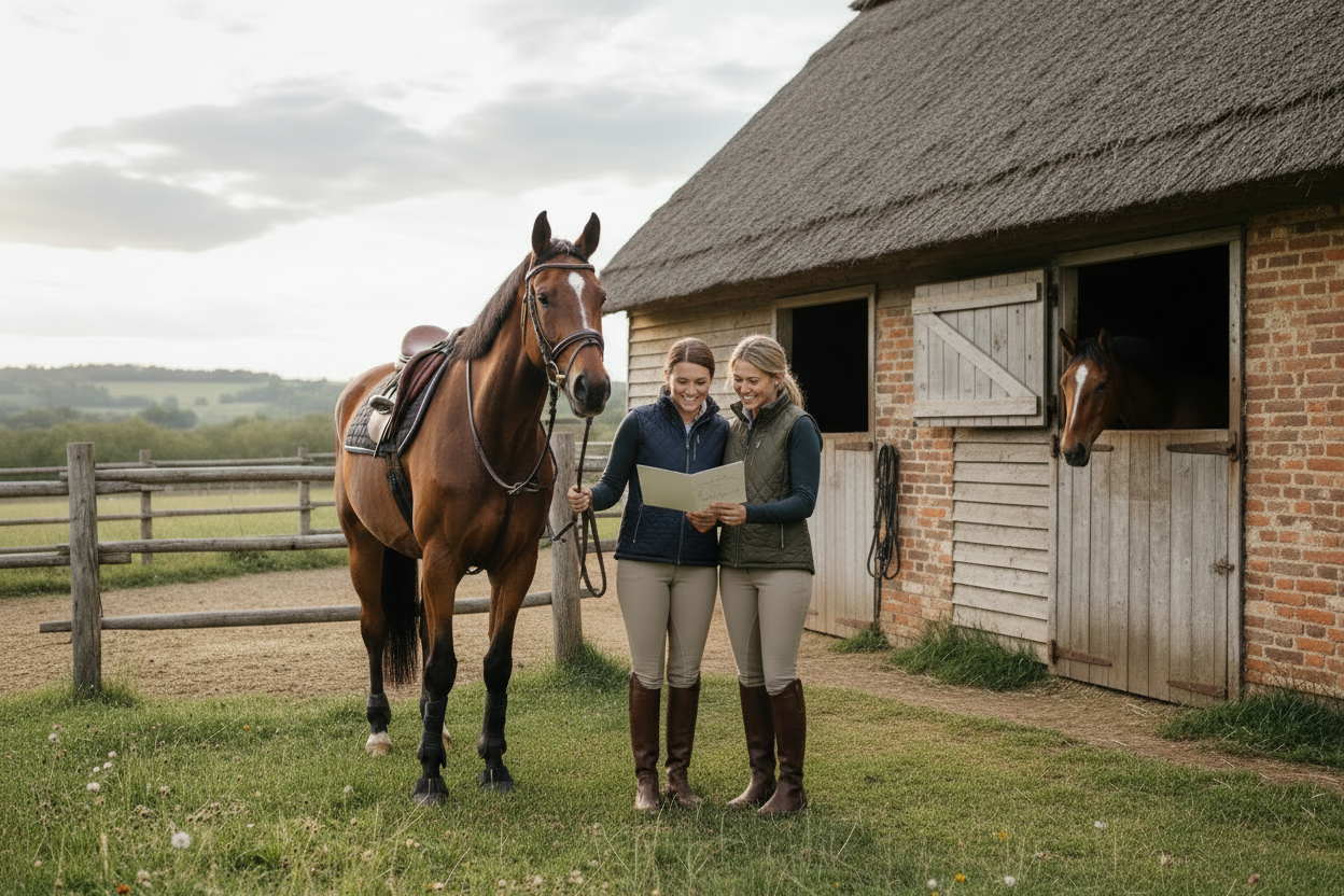 Relaxed women at UK stable yard, one holding a tacked-up horse, looking at a card